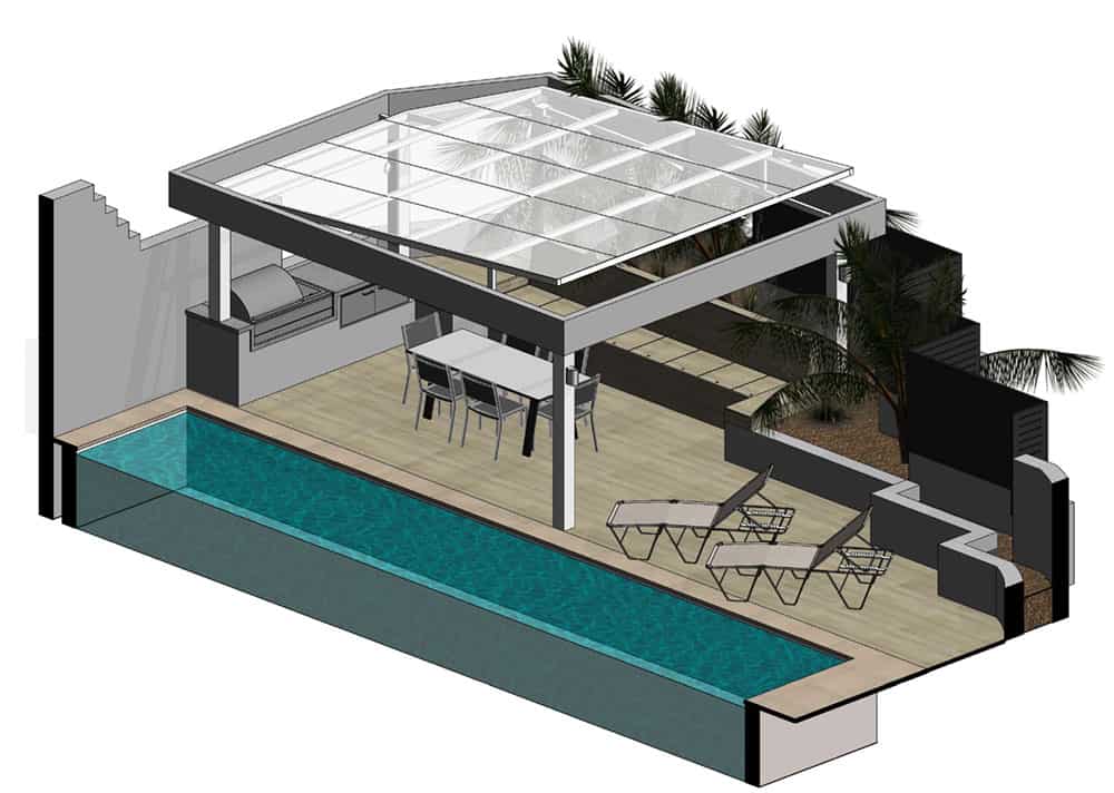 3D render of open roofed poolside cabana